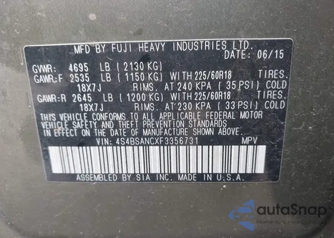 2015 Subaru Outback 2.5I Limited z USA, uszkodzony, nr VIN 4S4BSANCXF3356731